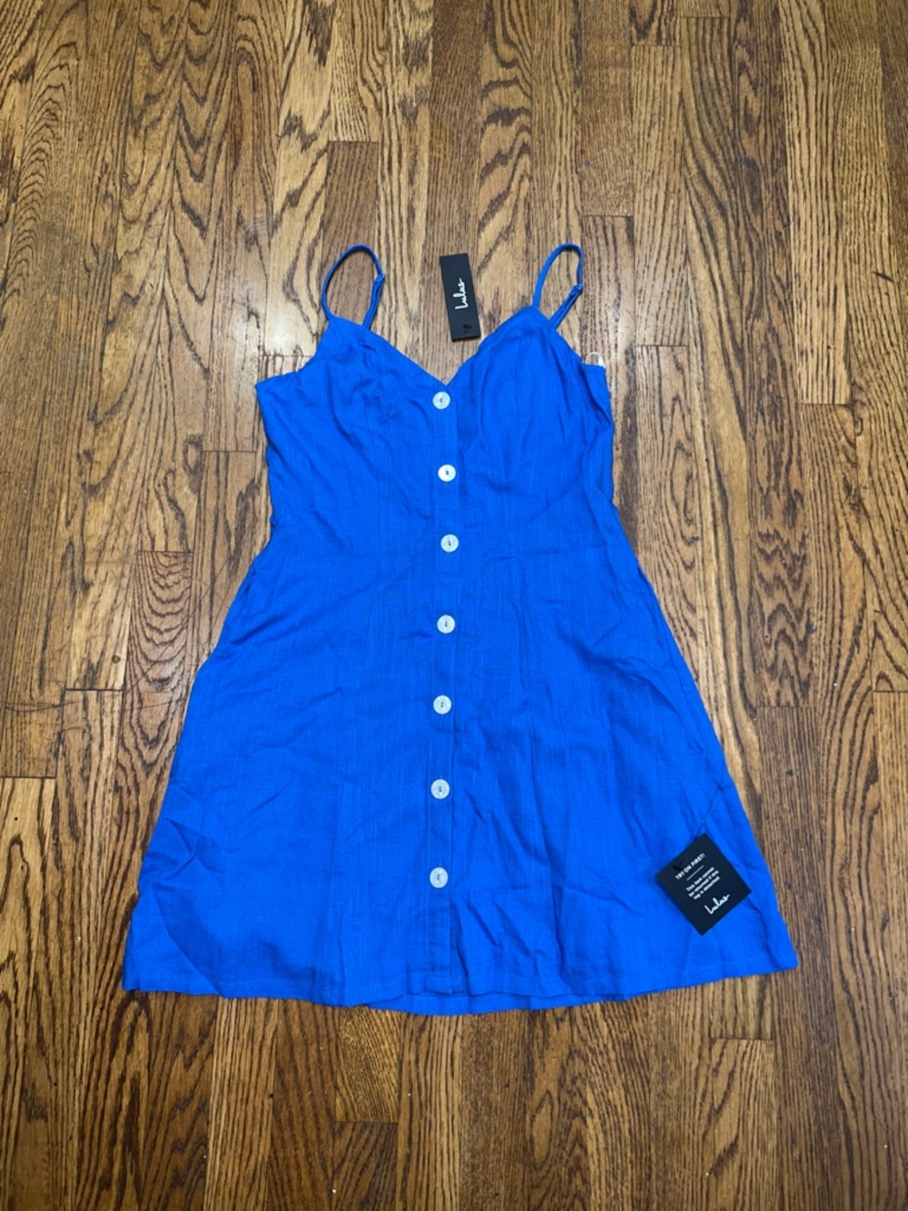 Lulu's Cobalt Button-Front Mini Linen Wedding Guest Graduation Dress - Picture 4 of 6